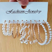 5pairs/Set New Arrival Cross-Border Gold Tone Earring Set With Circle Shaped Faux Pearl Inlayed Earrings