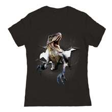 Nearly There Funny Raptor Dinosaur Poking Head, Cracked Wall Graphic Ladies Cotton T-Shirt