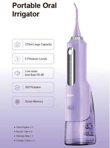 Sejoy Fashion Portable Rechargeable USB Charging Electric Water Flosser Oral Irrigator Oral Irrigator Cordless Teeth Cleaner, 5 Pressure Levels&Low Noise&360° Rotation , IPX7 Waterproof, Smart Memory,270ml Removable Water Tank, For Home And Travel - Purple - View 2