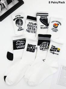 8 Pairs Men's Personality Letter Striped Street Style Skateboard Students Sports Mid-Calf Socks, Unisex