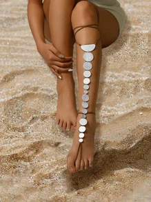 1pc Silver Fashion Metallic Geometric Circle Chain Linked With Brown Velvet Adjustable Leg Chain, Beach Style