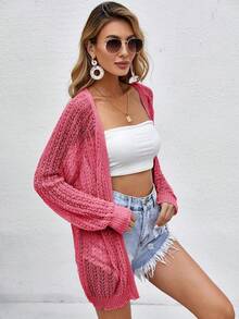 Women Crochet Lightweight Cardigan Cover Up Open Front Long Sleeve Summer Cardigans - Red - View 3