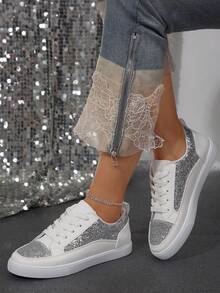 Zapatillas deportivas de moda blancas brillantes para mujer, punta plana, ligeras, cómodas, transpirables - Plateado - Ver 4