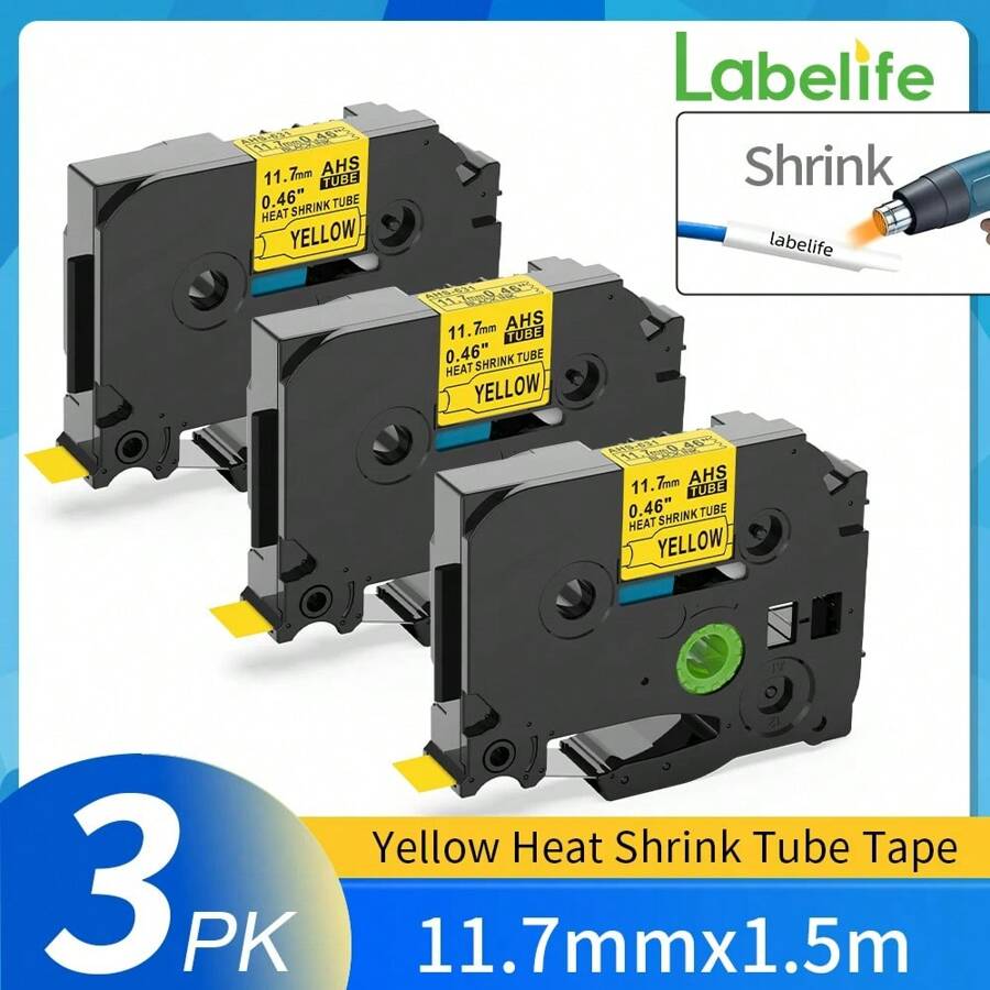 3-Pack Heat Shrink Tube Yellow Label Replacement For Brother P-Touch ...