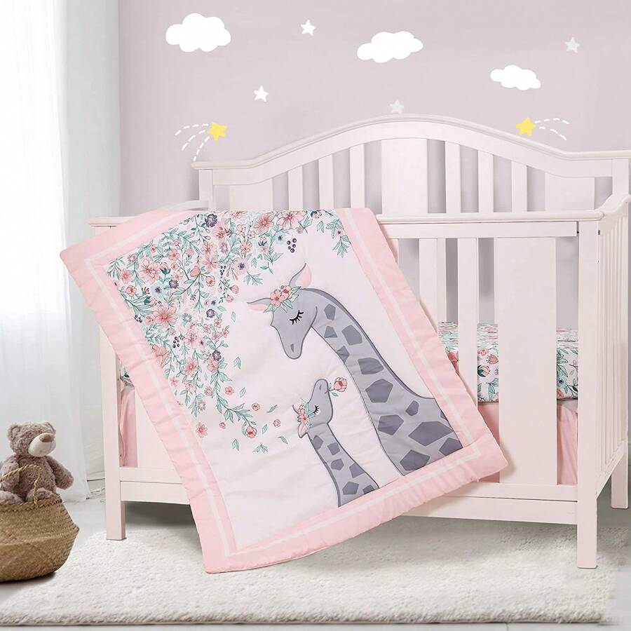 Sweet Baba Giraffe Pink Crib Bedding Set For Baby Girl, 3 PCS Baby Nursery Set Including Quilt/Crib Skirt/Crib Sheet Love Valentine