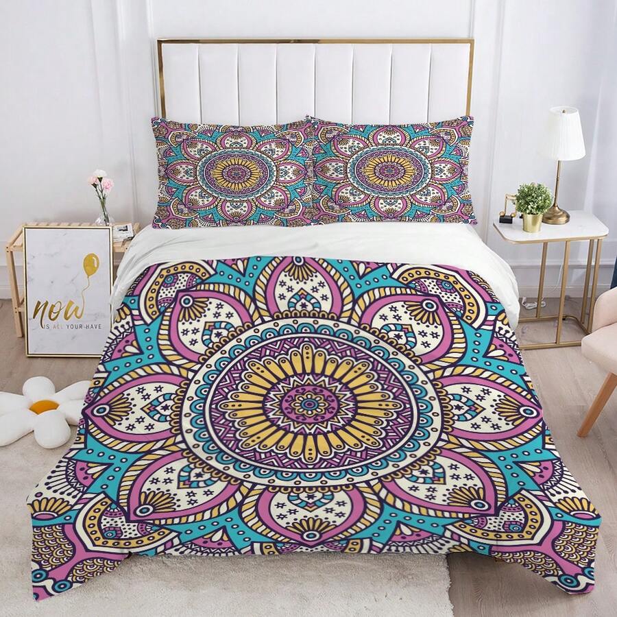 3入組波西米亞曼陀羅圖案印花被套套裝(1*被套+2*枕套，不含內芯)，舒適柔軟的床上用品適用於卧室或客房，適合任何人和所有季節使用 - 彩色 - 查看 1