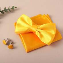 Men Solid Color Pre-Tied Bow Tie And Pocket Square Cufflink Set