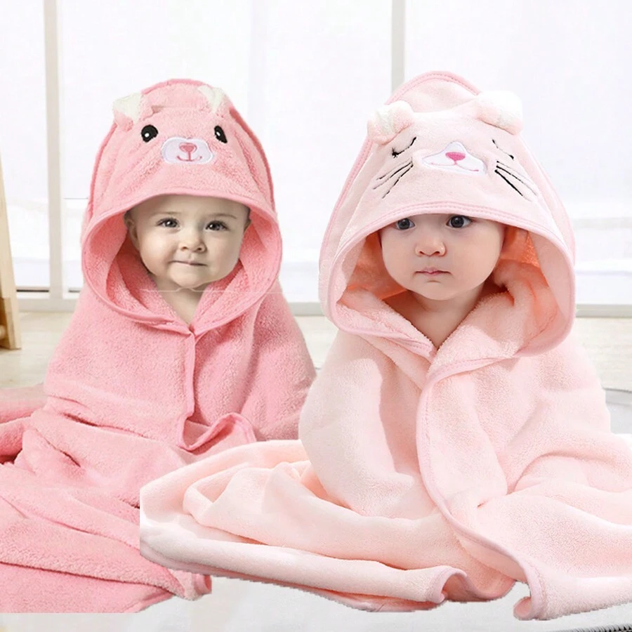 Bộ 2 Khăn Tắm Cho Bé, Áo Choàng Tắm Có Mũ Trùm Đầu Hình Thú Unisex, Lông Cừu San Hô Mềm Thiết Kế Hoạt Hình Khăn Tắm Sơ Sinh, Phụ Kiện Phòng Tắm Trẻ Em Phổ Thông Bốn Mùa, Bọc Mềm Mại Và Ấm Cúng - Mèo hồng + thỏ hồng - Xem 1