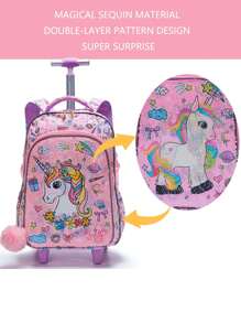 3个女孩粉色亮片独角兽图案设计可爱卡通拉杆背包儿童小学生背包带滚轮夜光功能包含午餐袋和笔袋