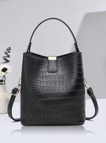 Large Capacity, Lightweight, Portable And Casual, Fashionable Mini Crocodile Embossed Top Handle Bucket Bag Crocodile Embossed Bucket Bag, Faux Leather Shoulder Bag Women's Fashion Crossbody Bag, Mother's Day Gift For Mom, Suitable For Girls, Women, College Students, Rookies A Must-Have For White-Collar Workers In Autumn And Winter, For Work, Office, Commuting, College, Autumn And Winter Women's Wallets, Retro Crocodile Leather Bucket Bags, Women's Crocodile Pattern Handbags, Large-Capacity Casual Crocodile Shoulder Crossbody Bags, Women's PU Wallets - Black - View 6