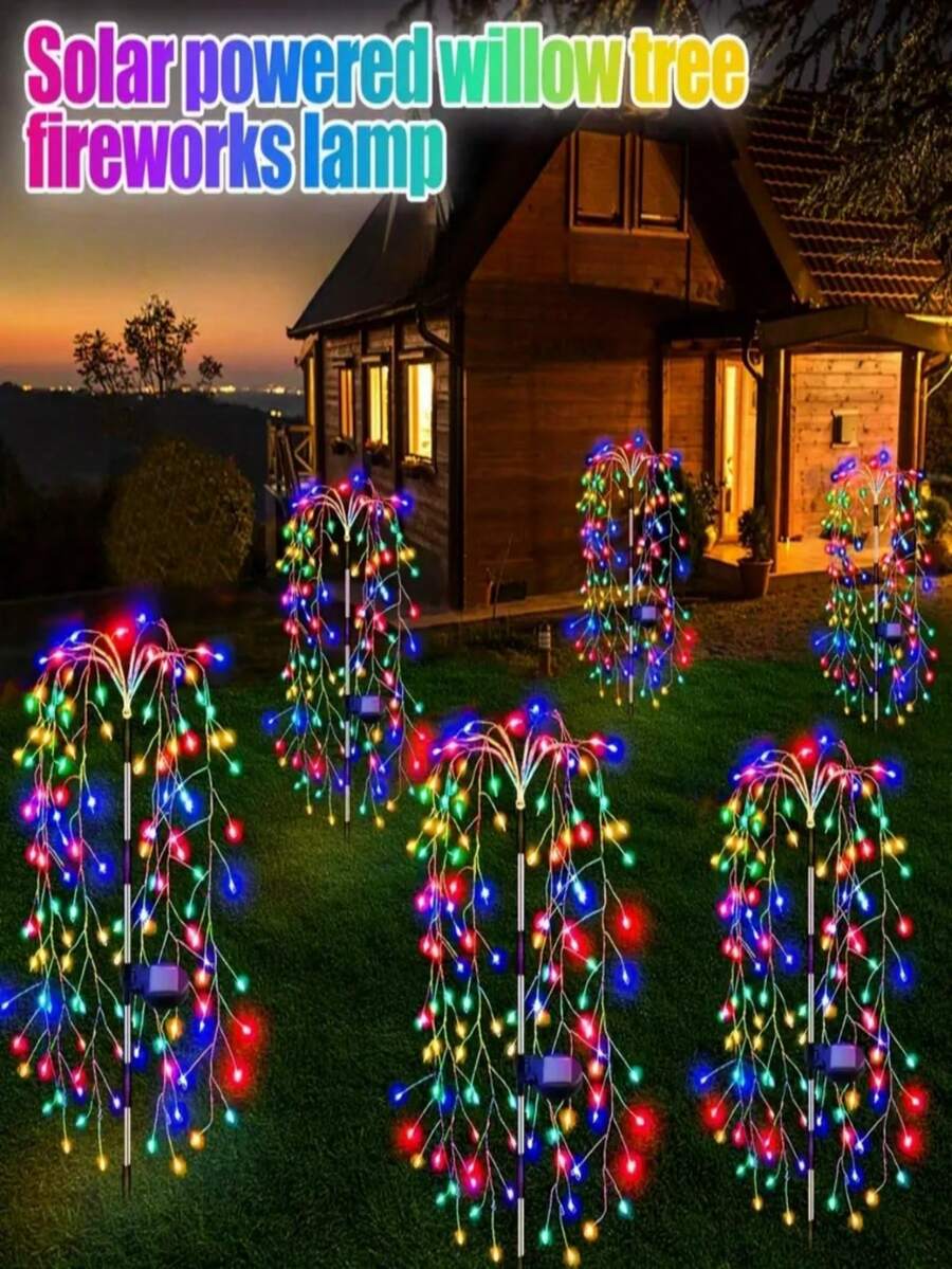 1 件柳树形太阳能草坪灯，100Leds/120Leds 8 种模式，LED 铜线鞭炮灯，户外照明路径灯，适用于庭院、花园、街道、露营氛围装饰，2 种类型（有暖白光和彩色光可供选择）万圣节圣诞节感恩节礼物 - 彩色 - 查看 1