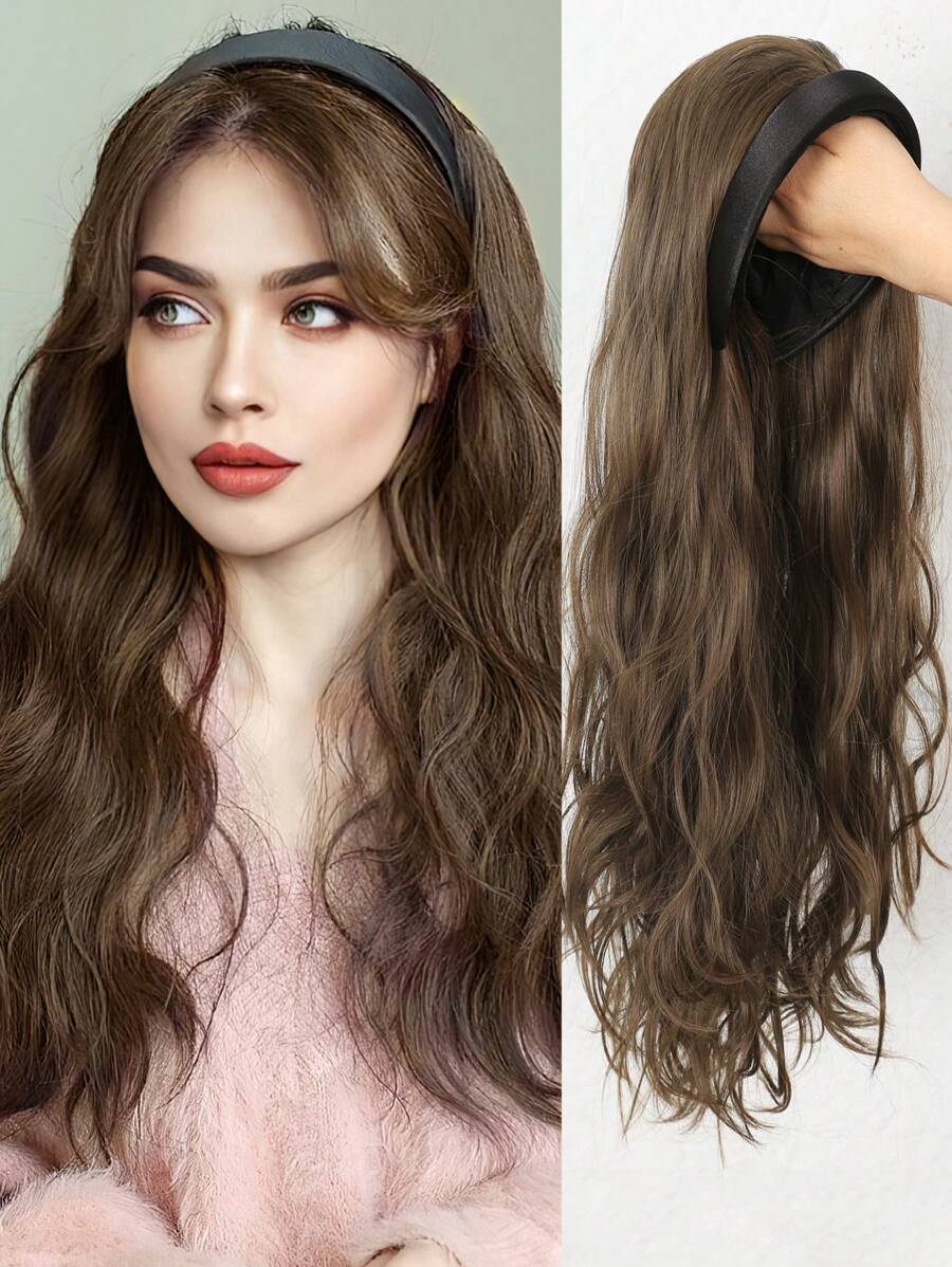 22 Inch Long Curly Wig, Detachable Headband, Brown Synthetic Fiber Wig, Natural Straight Hair, Half Wig - Light Brown - View 1