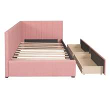 Twin Corner Daybed With 2 Storage Drawers,L Shaped Day Bed With Upholstered Armrest,Modern Sofa Bed Frame,Linen Fabric,No Box Spring Needed - 粉色 - 查看 7