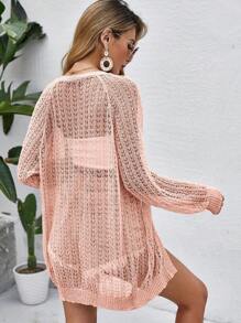 Women Crochet Lightweight Cardigan Cover Up Open Front Long Sleeve Summer Cardigans - Berwarna merah muda - View 3