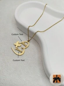 1 pieza Collar personalizado con diseño de corazón y mariposa de estilo minimalista de moda con texto de doble nombre para mujeres/parejas - color dorado para San Valentín