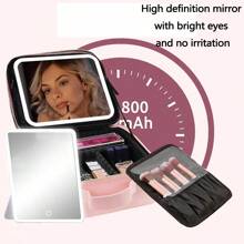 Bolsa de maquillaje con espejo LED y organizador de cosméticos, estilo Ins, portátil y de viaje, con luz LED ajustable, gran capacidad y desmontable, espejo LED recargable con tres modos y diseño de alta gama - Negro - Ver 8