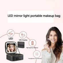Bolsa de maquillaje con espejo LED y organizador de cosméticos, estilo Ins, portátil y de viaje, con luz LED ajustable, gran capacidad y desmontable, espejo LED recargable con tres modos y diseño de alta gama - Negro - Ver 3