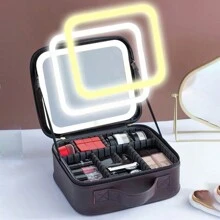 Bolsa de maquillaje con espejo LED y organizador de cosméticos, estilo Ins, portátil y de viaje, con luz LED ajustable, gran capacidad y desmontable, espejo LED recargable con tres modos y diseño de alta gama - Negro - Ver 5