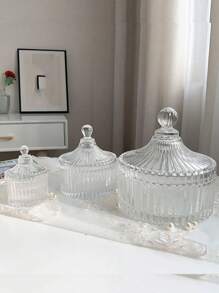 1pc Transparent Glass Storage Jar With Lid For Jewelry, Candle Holder, Gift, Storage Container Back To School,Room Decor - Clear - View 6