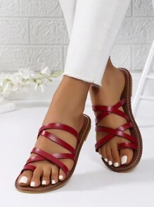 Women's Flat Cross Strap Toe Ring Slide Sandals, Casual Beach Shoes For Summer