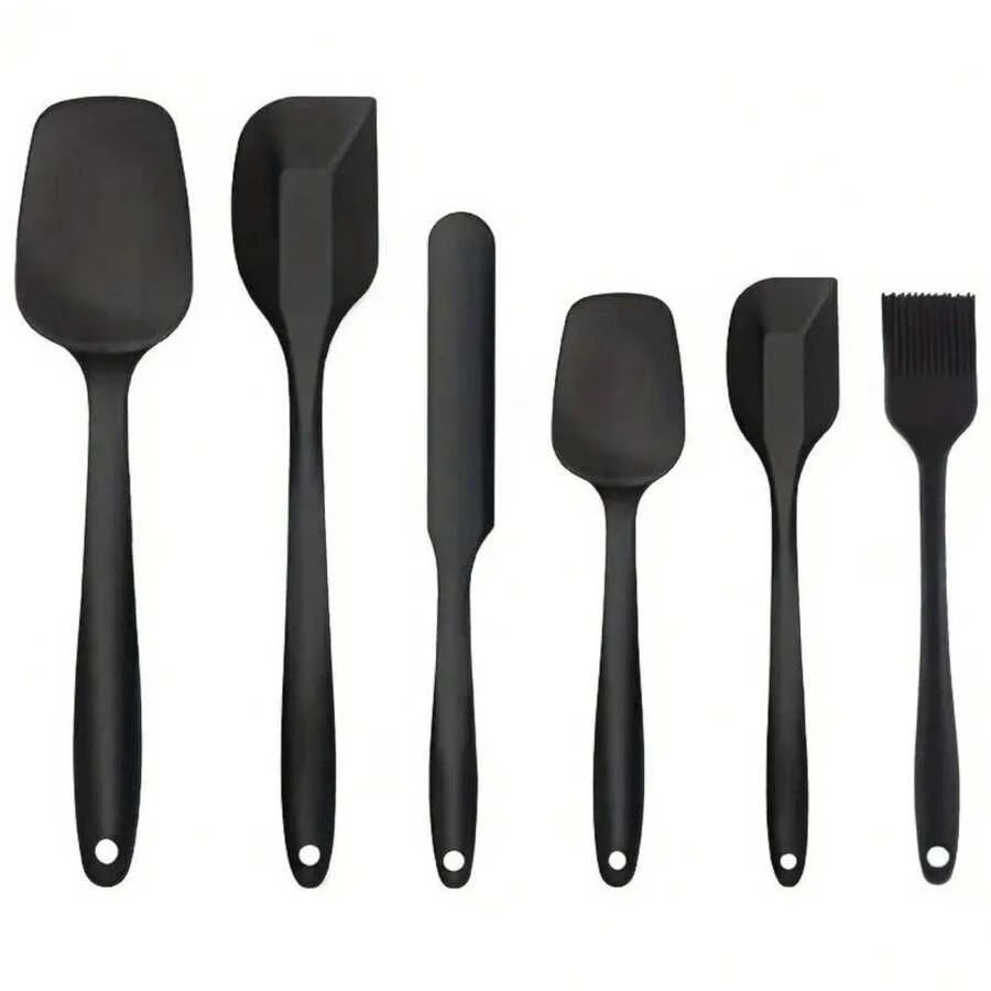 6pcs Silicone Kitchen Utensil Set, Baking Tools, Large Spatula, Small Spatula, Large Scraper, Small Scraper, Oil Brush, Scraper, Baking Tools, Cake Cream Scraper, Kitchen Tool Set - Black - View 1