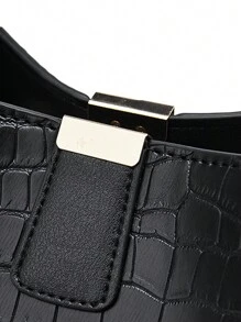 Large Capacity, Lightweight, Portable And Casual, Fashionable Mini Crocodile Embossed Top Handle Bucket Bag Crocodile Embossed Bucket Bag, Faux Leather Shoulder Bag Women's Fashion Crossbody Bag, Mother's Day Gift For Mom, Suitable For Girls, Women, College Students, Rookies A Must-Have For White-Collar Workers In Autumn And Winter, For Work, Office, Commuting, College, Autumn And Winter Women's Wallets, Retro Crocodile Leather Bucket Bags, Women's Crocodile Pattern Handbags, Large-Capacity Casual Crocodile Shoulder Crossbody Bags, Women's PU Wallets - Black - View 10