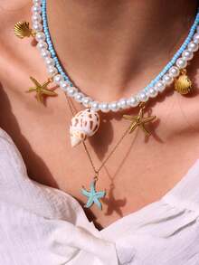 3入組時尚海邊風格貝殼、海星和海螺造型項鍊套裝，簡單而優雅的珍珠串鏈，多功能女士假期和節日珠寶套裝 - 藍色 - 查看 2