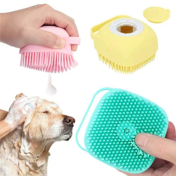 1pc Silicone Sponge For Bath With Shampoo Dispenser Soap Brush Dog Wash Tools Bath Massage Gloves Brush Soft Safety Silicone Puppy Cat Pet Kitten Cleaning Brush Shampoo Box Pet Supplies Random Color Shipping