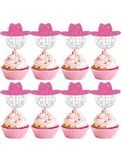 12 piezas de decoraciones para cupcakes en forma de sombrero de vaquero con bola de discoteca brillante, decoraciones de bola de discoteca de papel para cupcakes de estilo de los 70, decoraciones para fiesta de cumpleaños de vaquera con bola de discoteca, decoraciones para pasteles de Navidad