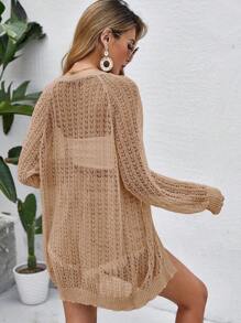 Women Crochet Lightweight Cardigan Cover Up Open Front Long Sleeve Summer Cardigans - Khaki Almond - View 3