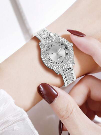 1pc Steel Horloge Luxe Roman Numerals Dial Set Diamond British Matching To Her view 4