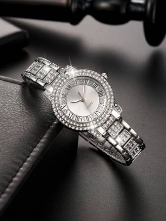 1pc Women's Steel Band Watch Luxury Fashion Roman Numerals Dial Women's Watch Set With Diamond British Watch Suitable For Daily Matching Gifts To Her