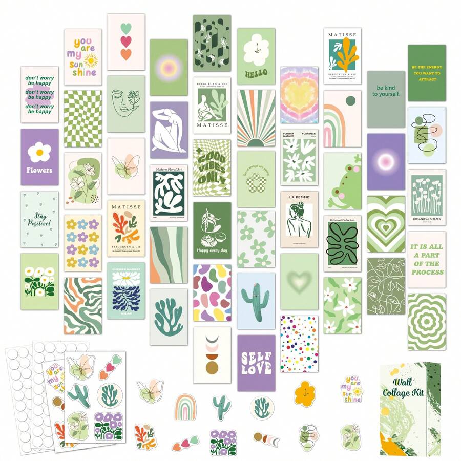 50入組綠色壁掛拼貼套裝，丹麥系淡色房間裝飾，少女可愛壁飾，勃艮第風格臥室裝飾 - 綠色 - 查看 1