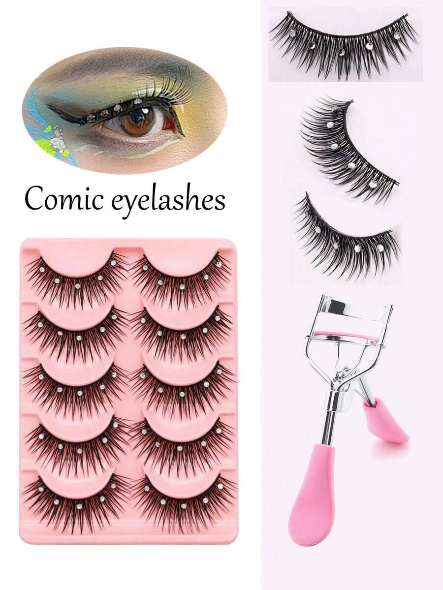 5 Pairs Sparkly Natural Role-Playing Anime Eyelashes With Rhinestones, 13mm Dramatic Comic Style False Eyelashes For Halloween/New Year Party Stage Makeup In Pink Clips Set - Pink - View 1
