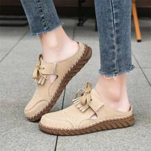 Quasten Schnür-Sportliche Dicke Flache Außen-piercierte Damen Maultierschuhe, Neue Sommer-Strand Anti-Rutsch-Geschlossene Hausschuhe, Flache Lässige Halbpaket-Slides, Alltag Vintage Atmungsaktive Cut Out Römische Sandalen, Oxford Handgefertigte Große Größen Schuhe