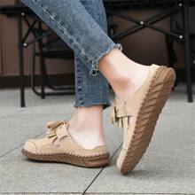 Quasten Schnür-Sportliche Dicke Flache Außen-piercierte Damen Maultierschuhe, Neue Sommer-Strand Anti-Rutsch-Geschlossene Hausschuhe, Flache Lässige Halbpaket-Slides, Alltag Vintage Atmungsaktive Cut Out Römische Sandalen, Oxford Handgefertigte Große Größen Schuhe