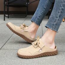 Quasten Schnür-Sportliche Dicke Flache Außen-piercierte Damen Maultierschuhe, Neue Sommer-Strand Anti-Rutsch-Geschlossene Hausschuhe, Flache Lässige Halbpaket-Slides, Alltag Vintage Atmungsaktive Cut Out Römische Sandalen, Oxford Handgefertigte Große Größen Schuhe