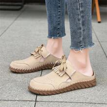 Quasten Schnür-Sportliche Dicke Flache Außen-piercierte Damen Maultierschuhe, Neue Sommer-Strand Anti-Rutsch-Geschlossene Hausschuhe, Flache Lässige Halbpaket-Slides, Alltag Vintage Atmungsaktive Cut Out Römische Sandalen, Oxford Handgefertigte Große Größen Schuhe