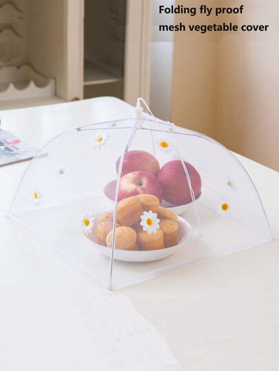 1pc Simple Foldable Square-Shaped Mesh Food Cover With 3D Flower Pattern, To Prevent Flies And Dust,Kitchen,Summer Beach Party,Food,Camping,Organizer,Room Decor,Kitchen Items.