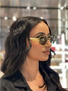 女士飞行员时尚眼镜复古休闲时尚金色金属色调镜框玳瑁飞行员棕色镜片独特金属鼻托太阳镜沙滩配饰 - 彩色 - 查看 2