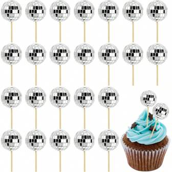12/24 PCS, Disco Ball Cupcake Toppers, Silver Small Mirror Ball Cake Toppers Reflective Mini Cake Decorations For 70s Disco Theme Dance Party Supplies,