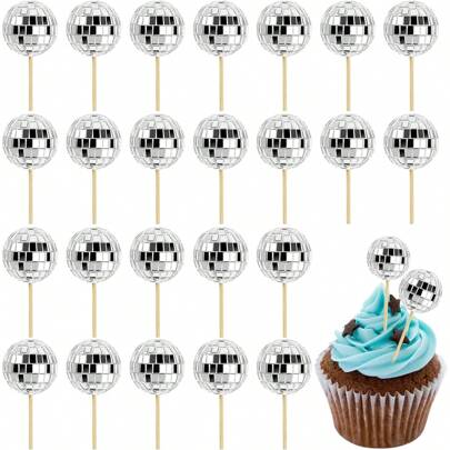 12/24 PCS, Disco Ball Cupcake Toppers, Silver Small Mirror Ball Cake Toppers Reflective Mini Cake Decorations For 70s Disco Theme Dance Party Supplies,