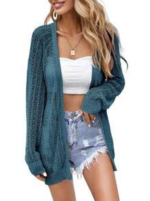 Women Crochet Lightweight Cardigan Cover Up Open Front Long Sleeve Summer Cardigans - Biru - View 1