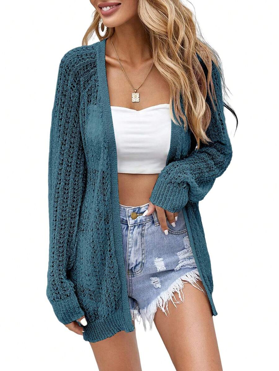 Women Crochet Lightweight Cardigan Cover Up Open Front Long Sleeve Summer Cardigans - Biru - View 1