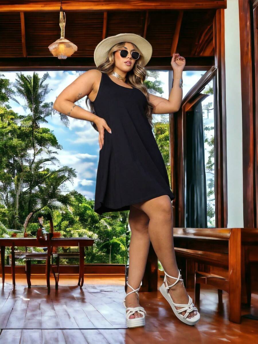 Vestido Plus Size Regata Curto Soltinho para Verão Passeio Festa REF: 24 - Preto - Visão 1