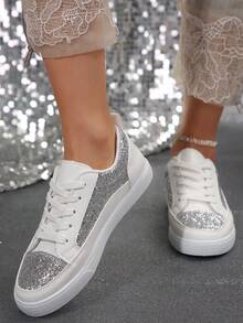 Zapatillas deportivas de moda blancas brillantes para mujer, punta plana, ligeras, cómodas, transpirables - Plateado - Ver 6