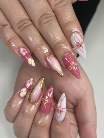 24pcs/Set Spring & Summer New Unique Almond Shape Simple & Elegant French Gradient 3D Floral Golden Lines Handmade False Nails Manicure Kit Suitable For Students, Office Ladies, Travel, Parties, Weddings, Daily Wear And Other Occasions Press On Nails Nail Supplies