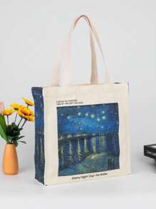 星夜油画艺术帆布手提袋，可重复使用手提包，女士/女孩适用，可折叠大容量休闲购物袋，艺术印花单肩包，可重复使用购物袋，最佳礼品袋，适合送给老师、女性、女友和家人，最佳教师节礼物，最佳教师节礼物 - 藍色 - 查看 14