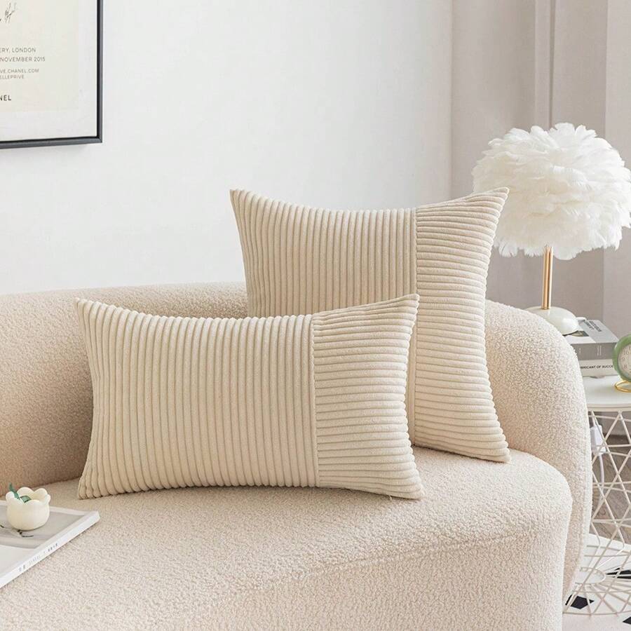 1pc Decorative Pillowcase, Soft Striped Corduroy Square Cushion Cover For Living Room, Bedroom, Office, 18X18 - Creamy White - View 1