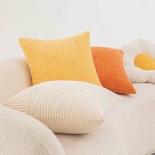 1pc Decorative Pillowcase, Soft Striped Corduroy Square Cushion Cover For Living Room, Bedroom, Office, 18X18 - Creamy White - View 3